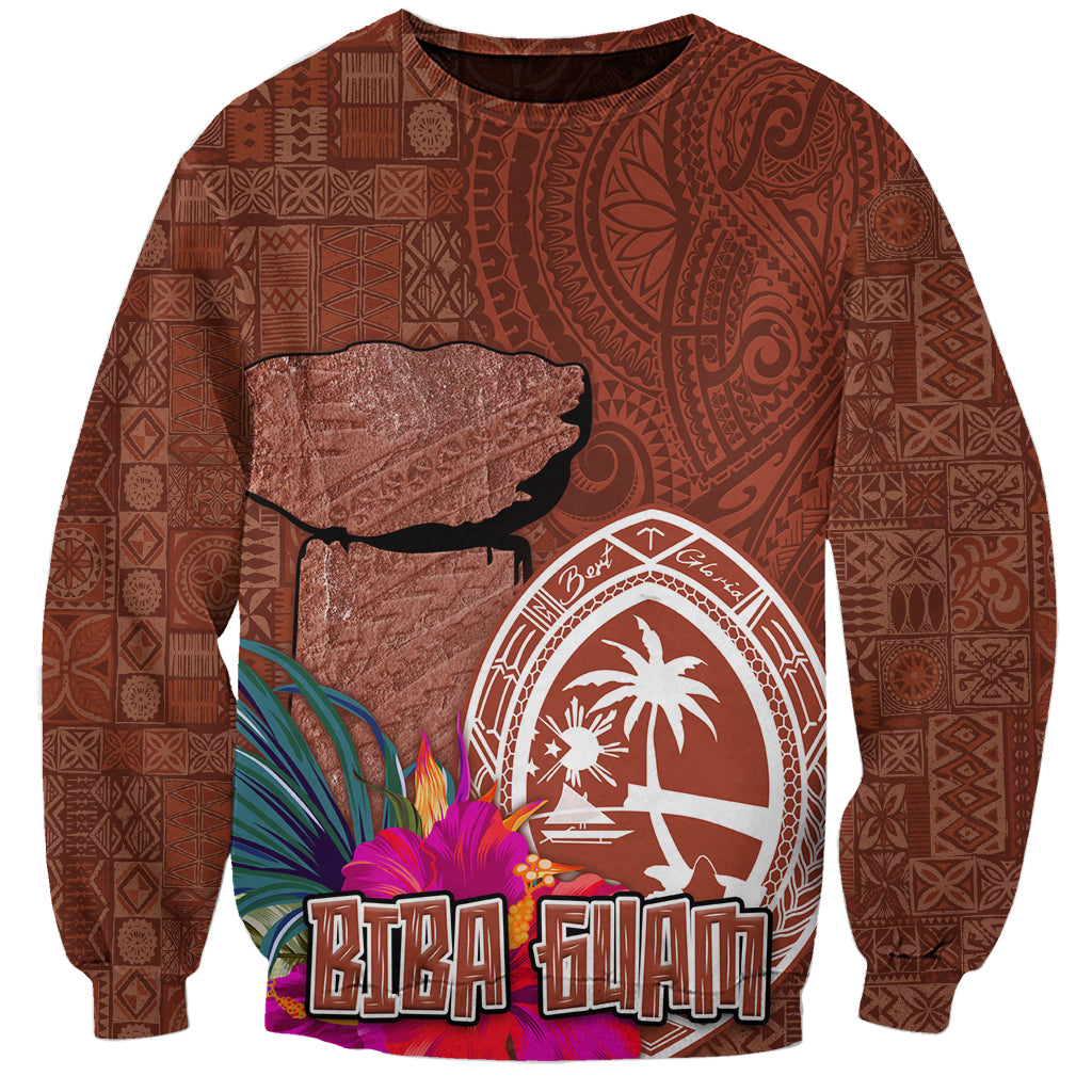 Chamorro Biba Guam Sweatshirt Latte Stone Tribal and Hibiscus Flower Tapa Pattern LT03 Unisex Brown - Polynesian Pride