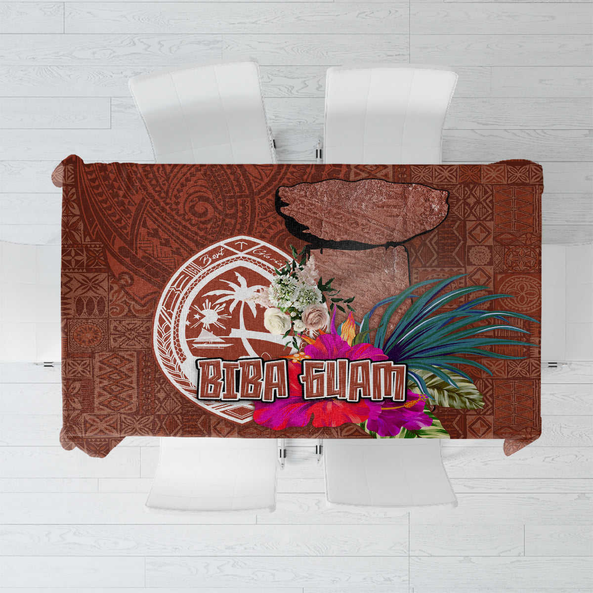 Chamorro Biba Guam Tablecloth Latte Stone Tribal and Hibiscus Flower Tapa Pattern LT03 Brown - Polynesian Pride