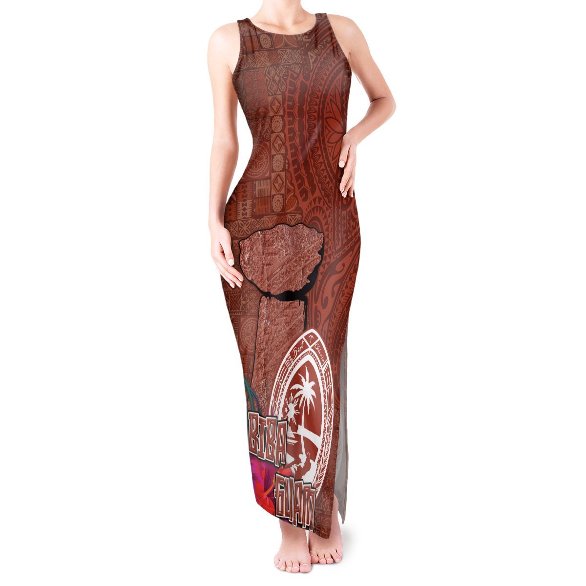 Chamorro Biba Guam Tank Maxi Dress Latte Stone Tribal and Hibiscus Flower Tapa Pattern LT03 Women Brown - Polynesian Pride