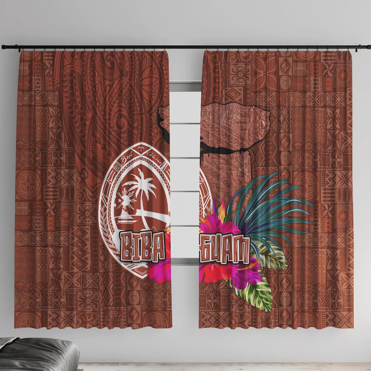 Chamorro Biba Guam Window Curtain Latte Stone Tribal and Hibiscus Flower Tapa Pattern LT03 With Hooks Brown - Polynesian Pride