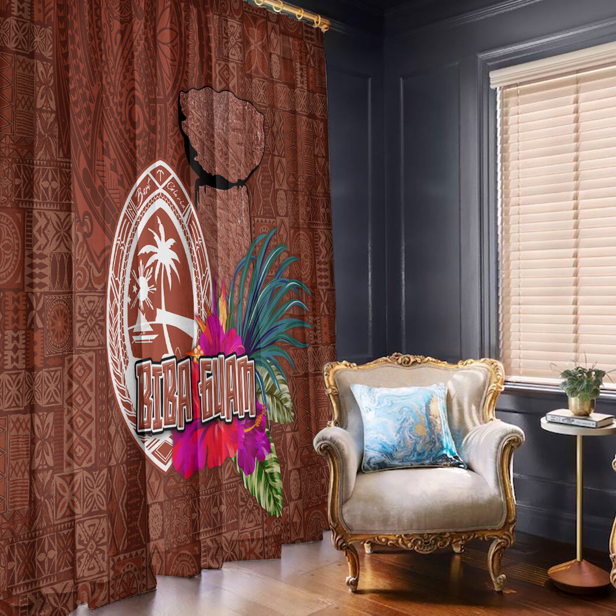 Chamorro Biba Guam Window Curtain Latte Stone Tribal and Hibiscus Flower Tapa Pattern LT03 - Polynesian Pride