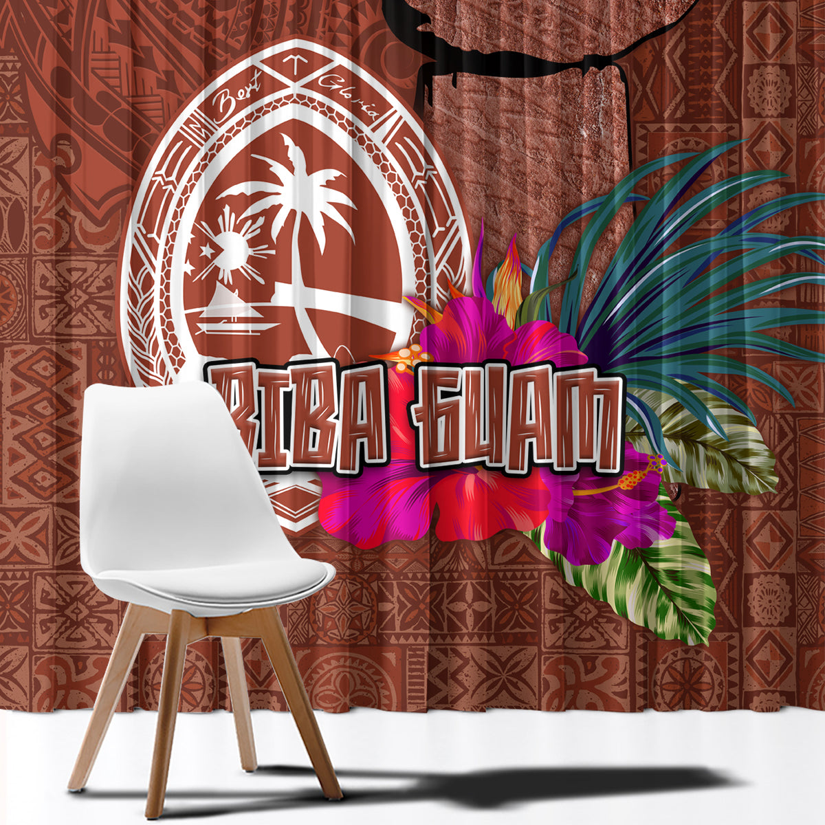 Chamorro Biba Guam Window Curtain Latte Stone Tribal and Hibiscus Flower Tapa Pattern LT03 - Polynesian Pride