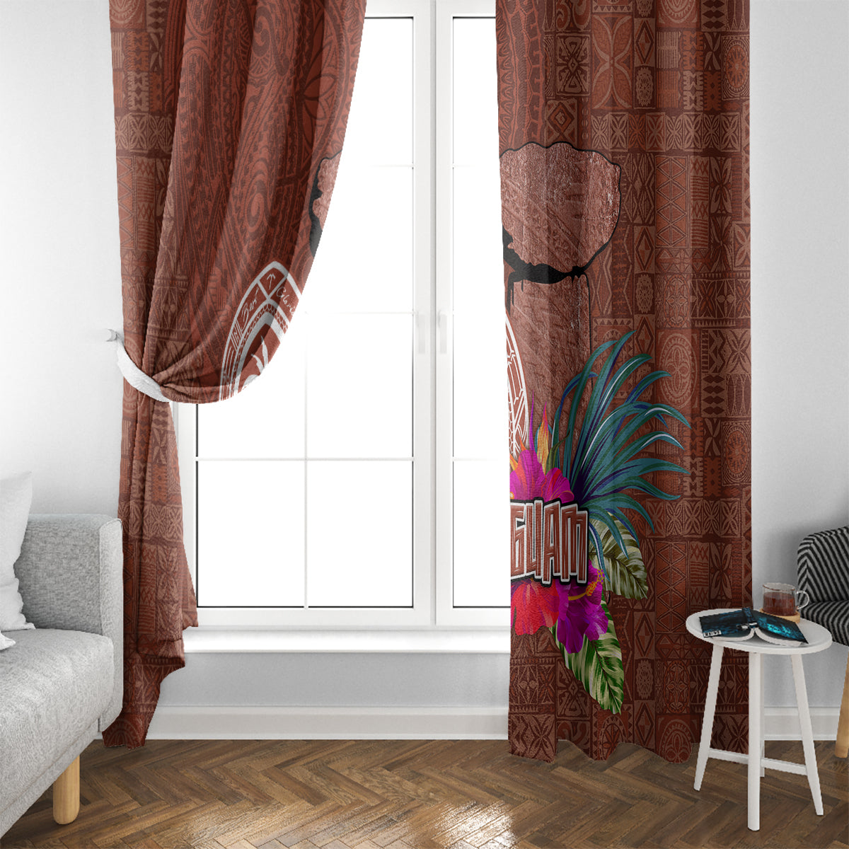 Chamorro Biba Guam Window Curtain Latte Stone Tribal and Hibiscus Flower Tapa Pattern LT03 - Polynesian Pride