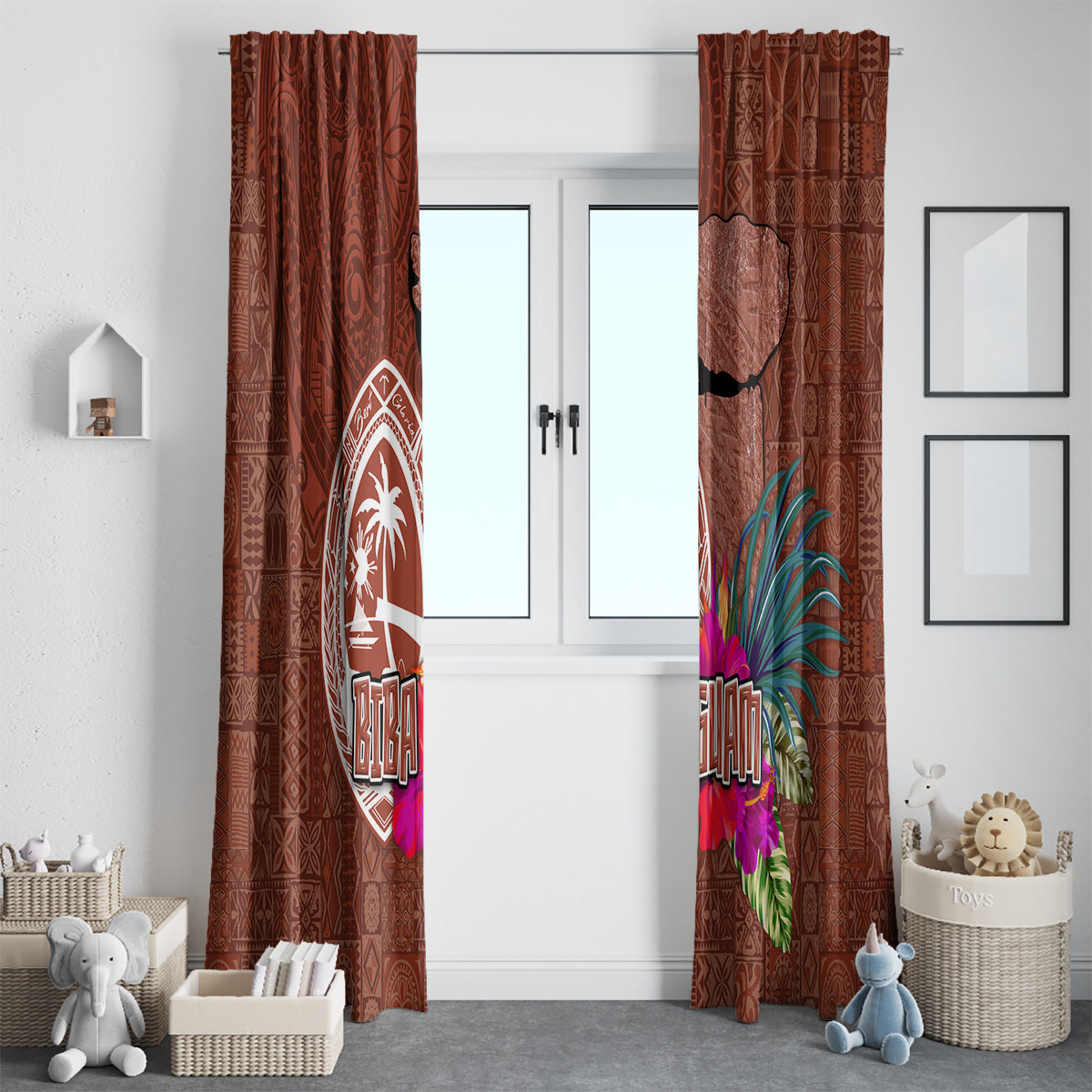Chamorro Biba Guam Window Curtain Latte Stone Tribal and Hibiscus Flower Tapa Pattern LT03 - Polynesian Pride