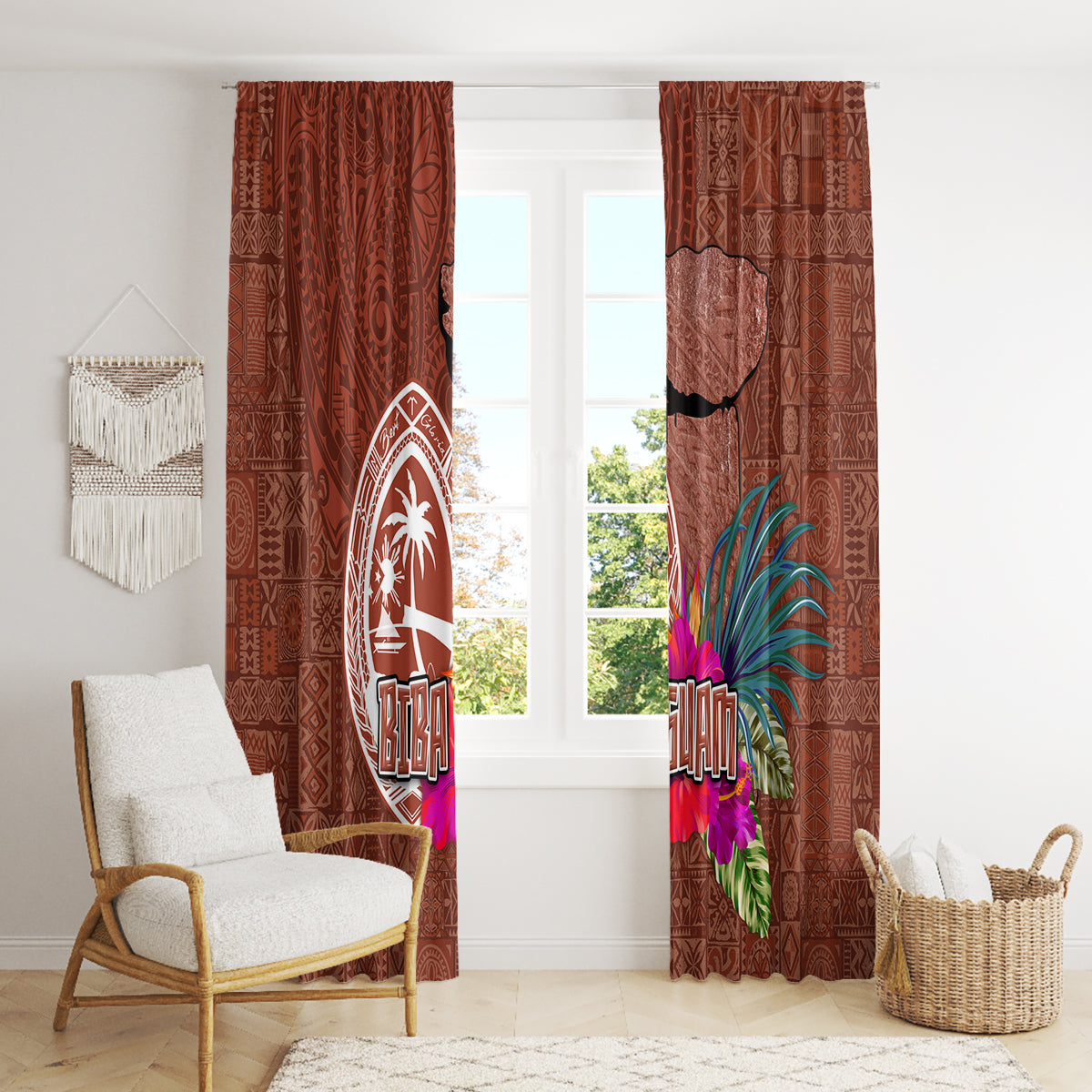 Chamorro Biba Guam Window Curtain Latte Stone Tribal and Hibiscus Flower Tapa Pattern LT03 - Polynesian Pride