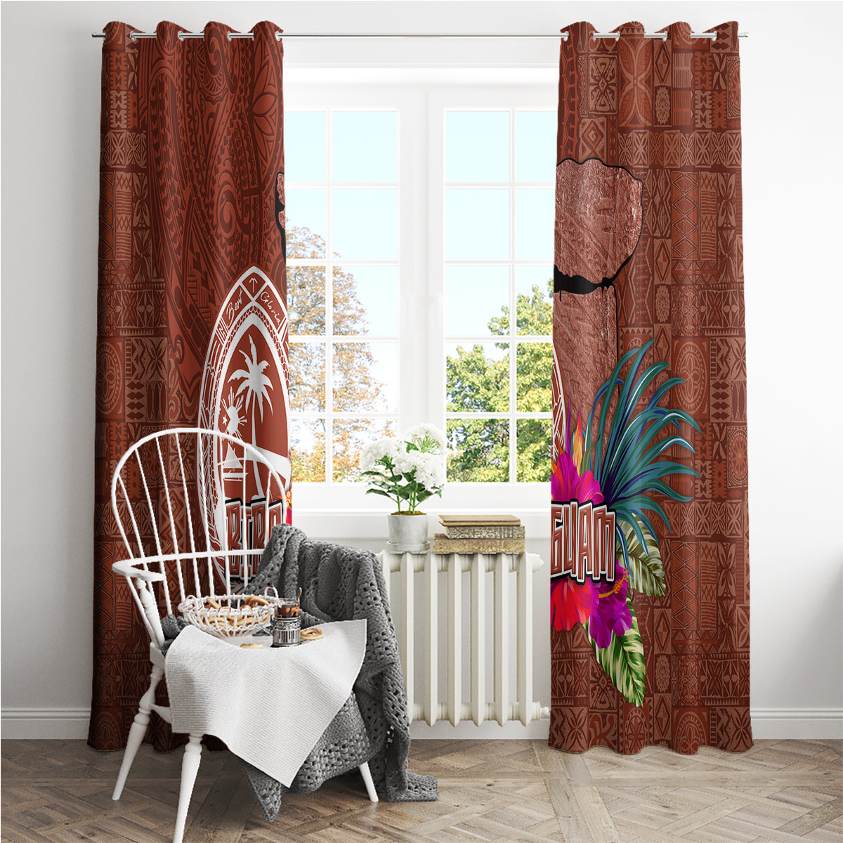 Chamorro Biba Guam Window Curtain Latte Stone Tribal and Hibiscus Flower Tapa Pattern LT03 - Polynesian Pride