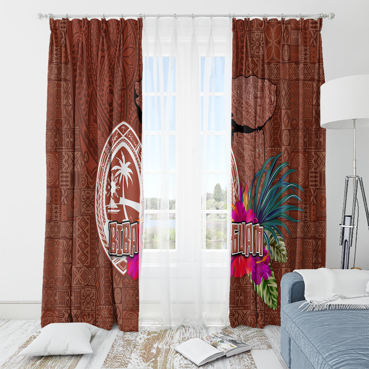 Chamorro Biba Guam Window Curtain Latte Stone Tribal and Hibiscus Flower Tapa Pattern LT03 - Polynesian Pride
