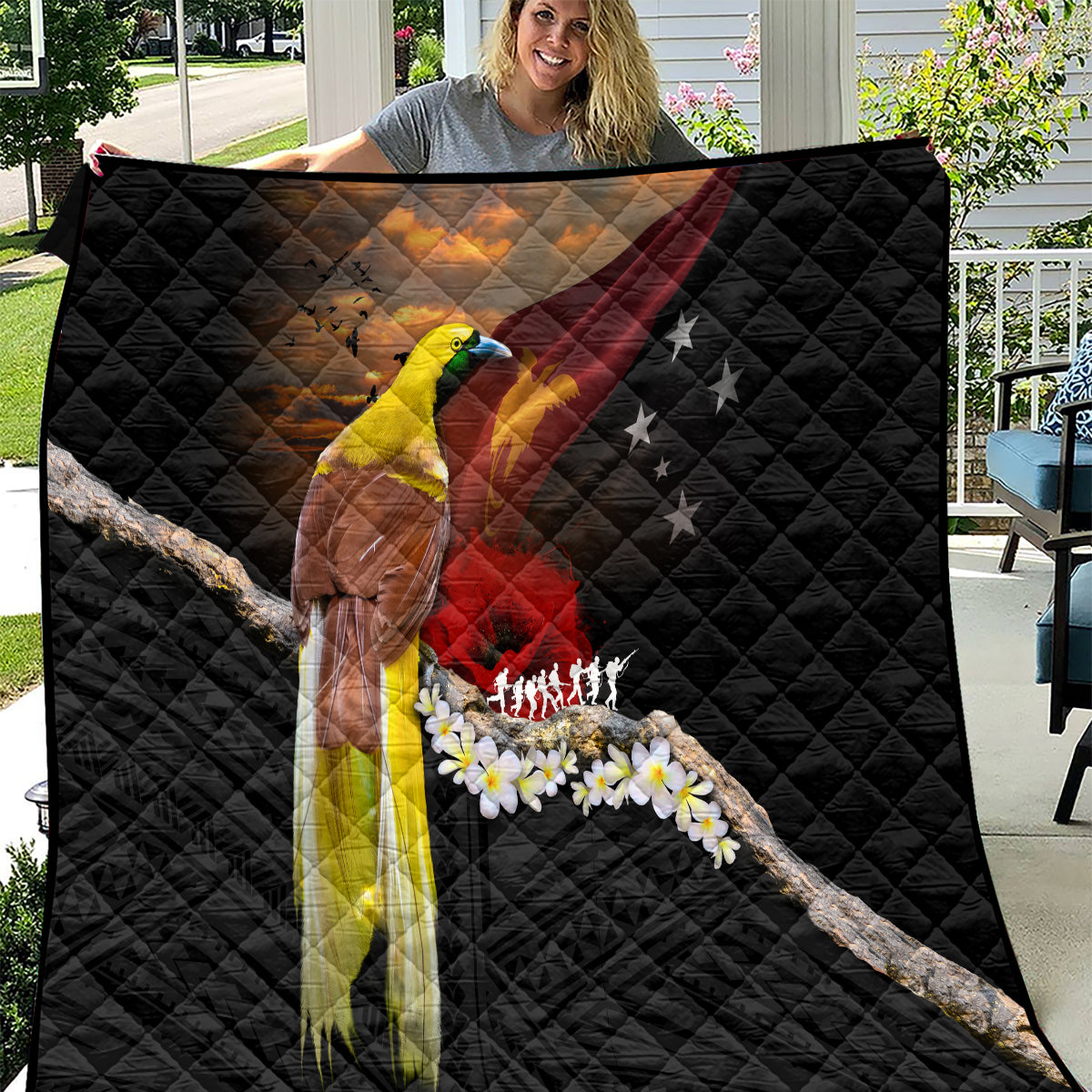 Papua New Guinea Remembrance Day Quilt Bird of Paradise Plumeria Flower and Polynesian Pattern LT03 Black - Polynesian Pride