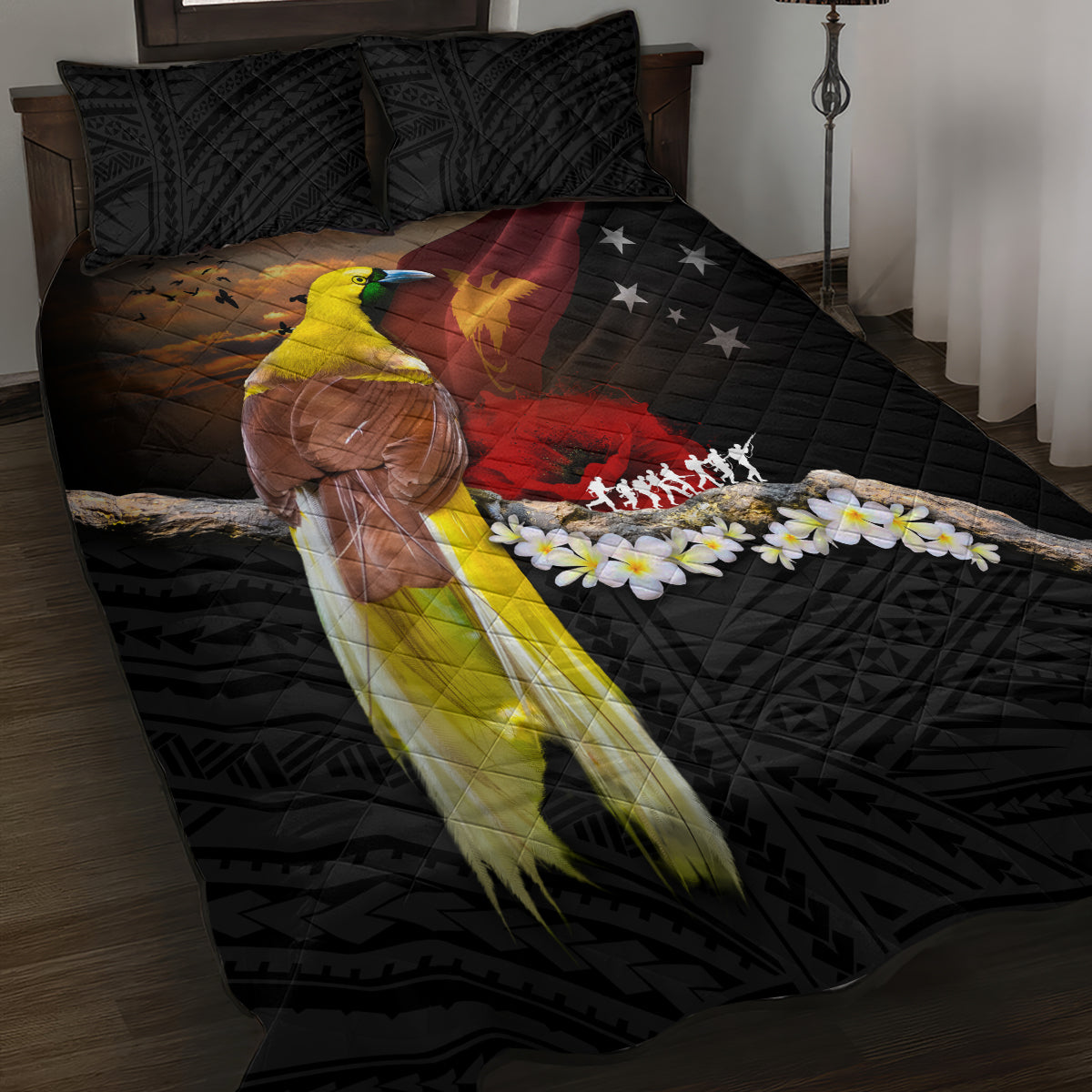 Papua New Guinea Remembrance Day Quilt Bed Set Bird of Paradise Plumeria Flower and Polynesian Pattern LT03 Black - Polynesian Pride