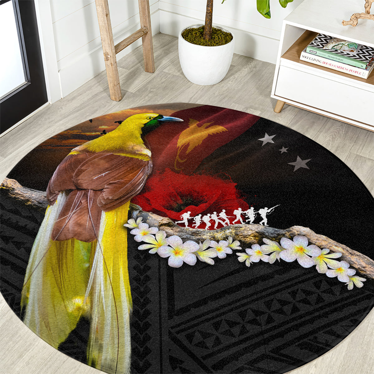 Papua New Guinea Remembrance Day Round Carpet Bird of Paradise Plumeria Flower and Polynesian Pattern LT03 Black - Polynesian Pride