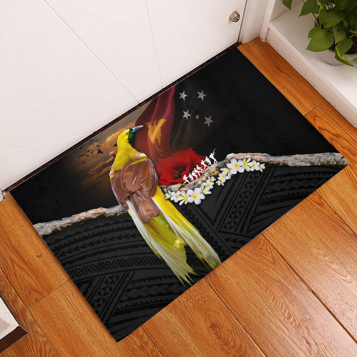 Papua New Guinea Remembrance Day Rubber Doormat Bird of Paradise Plumeria Flower and Polynesian Pattern LT03 Black - Polynesian Pride