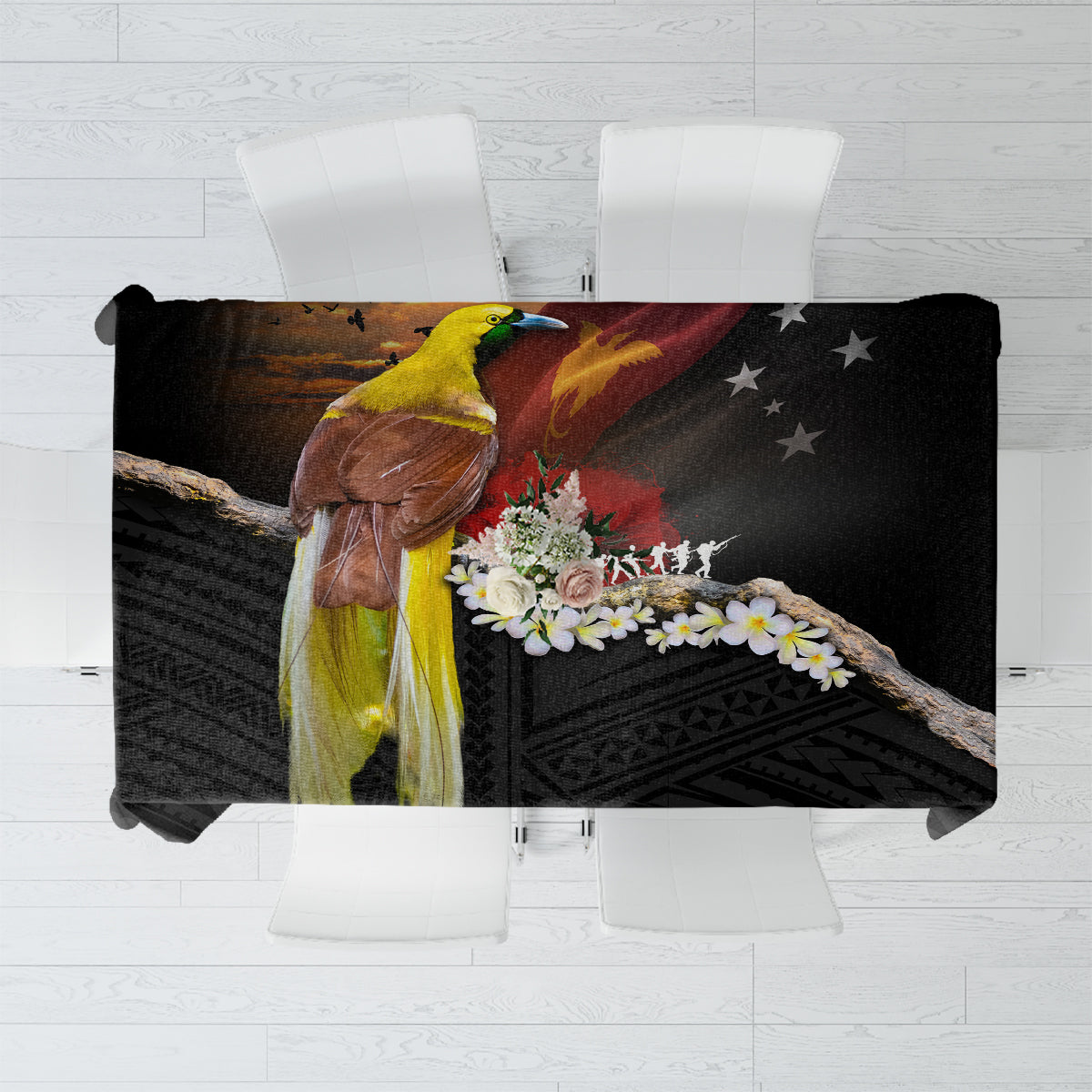 Papua New Guinea Remembrance Day Tablecloth Bird of Paradise Plumeria Flower and Polynesian Pattern LT03 Black - Polynesian Pride