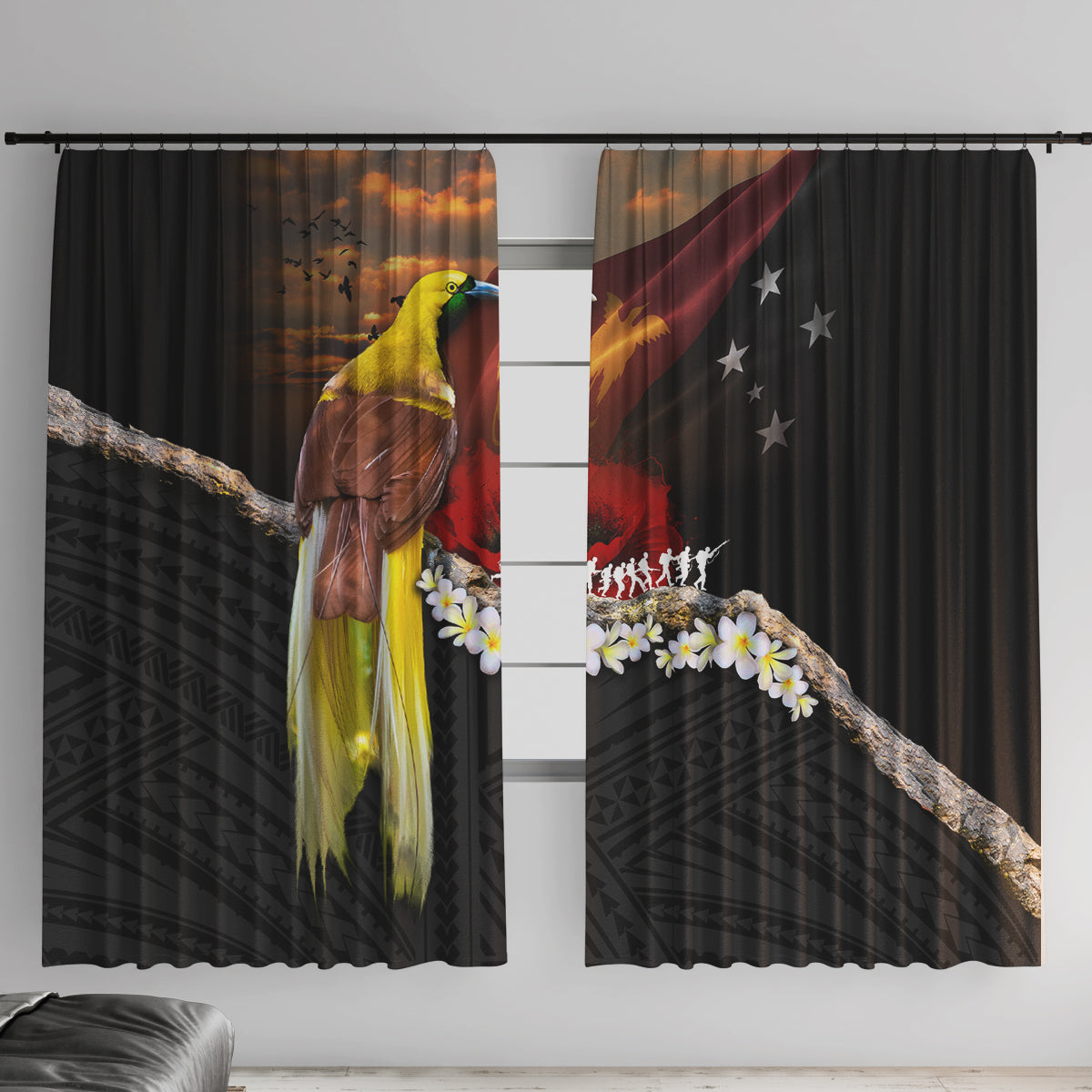 Papua New Guinea Remembrance Day Window Curtain Bird of Paradise Plumeria Flower and Polynesian Pattern LT03 With Hooks Black - Polynesian Pride