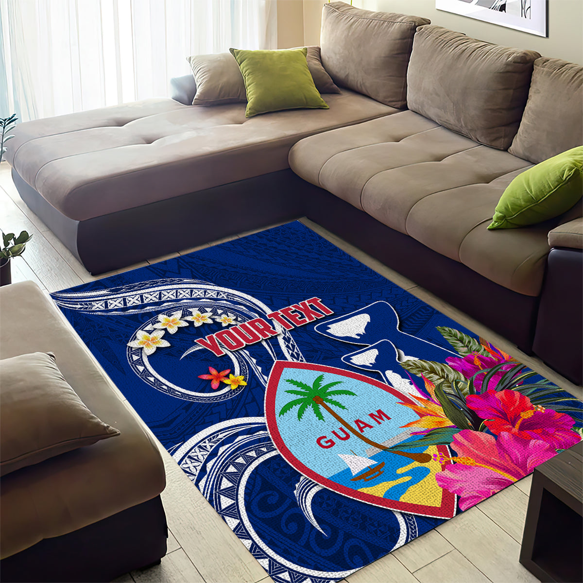 Personalised Guam Liberation Area Rug Latte Stone and Guahan Seal Jungle Flower LT03 - Polynesian Pride