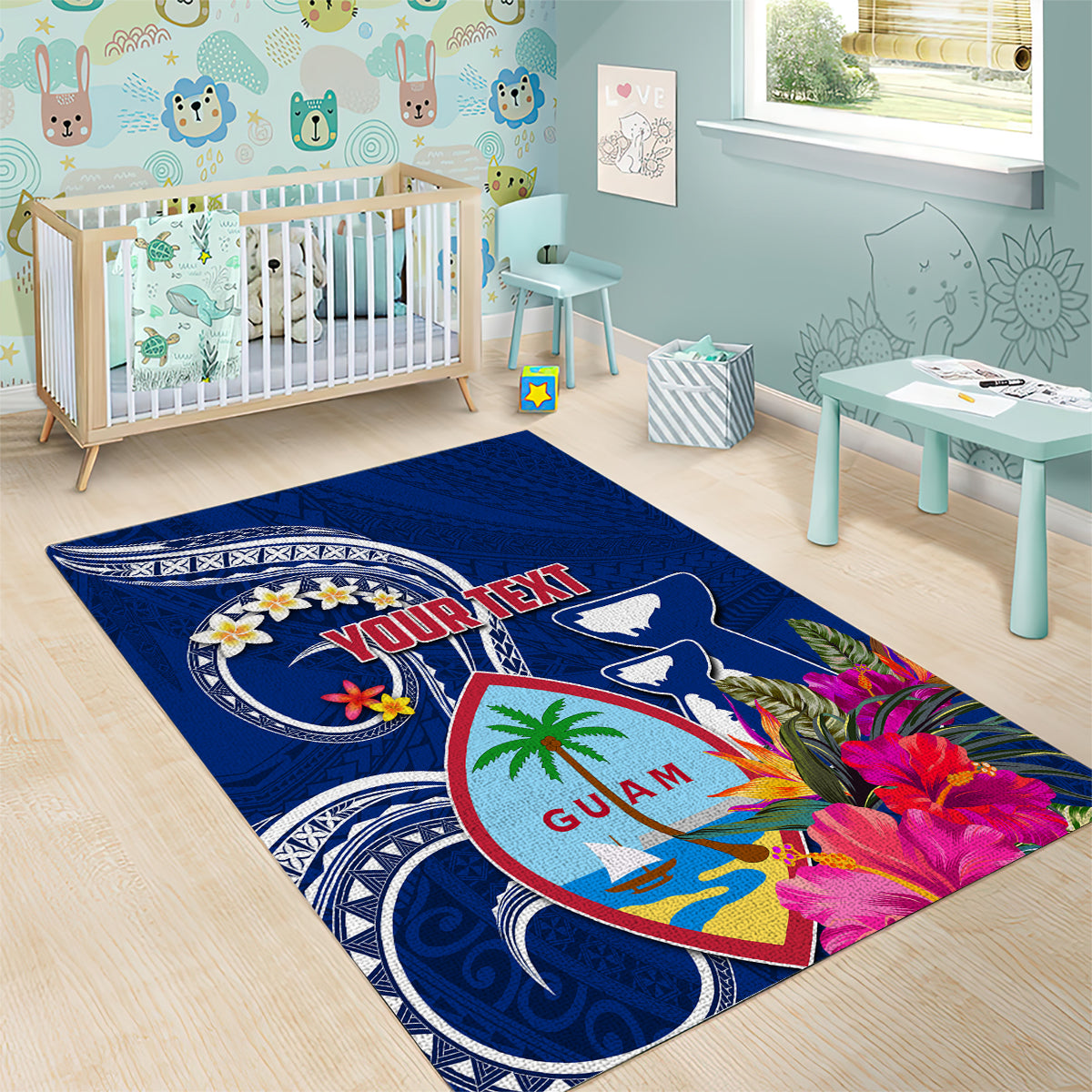 Personalised Guam Liberation Area Rug Latte Stone and Guahan Seal Jungle Flower LT03 - Polynesian Pride