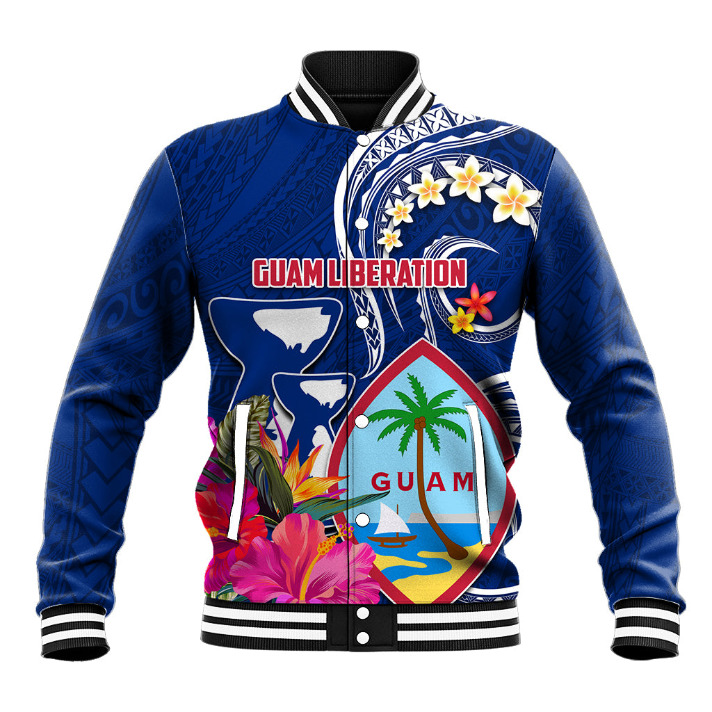Personalised Guam Liberation Baseball Jacket Latte Stone and Guahan Seal Jungle Flower LT03 Unisex Blue - Polynesian Pride