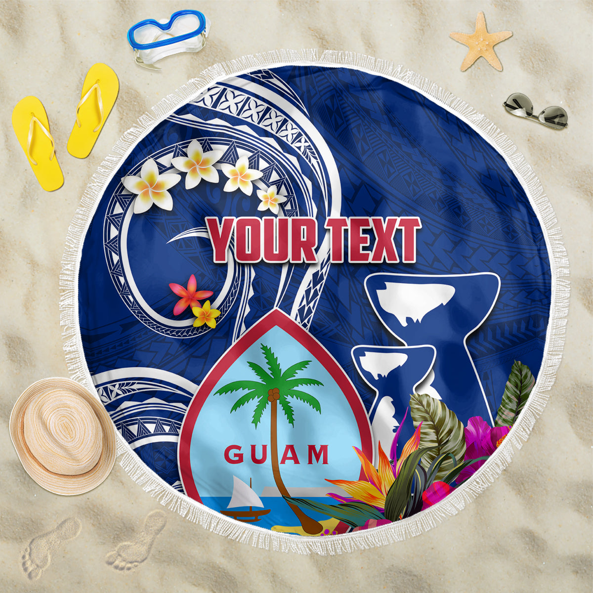 Personalised Guam Liberation Beach Blanket Latte Stone and Guahan Seal Jungle Flower LT03 One Size 150cm Blue - Polynesian Pride