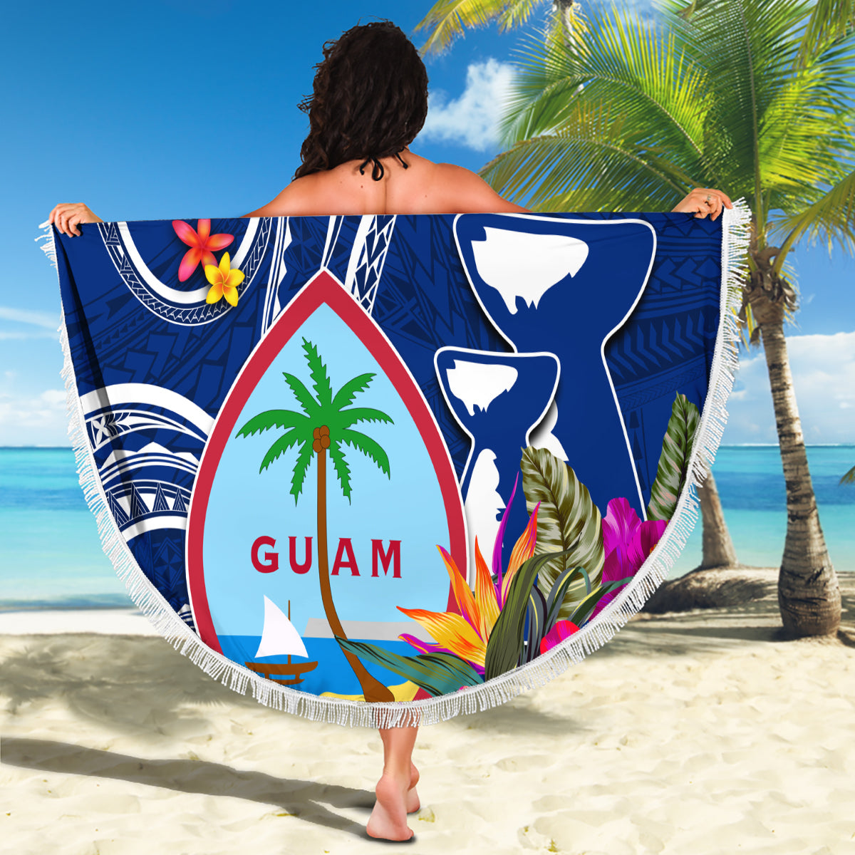 Personalised Guam Liberation Beach Blanket Latte Stone and Guahan Seal Jungle Flower LT03 - Polynesian Pride