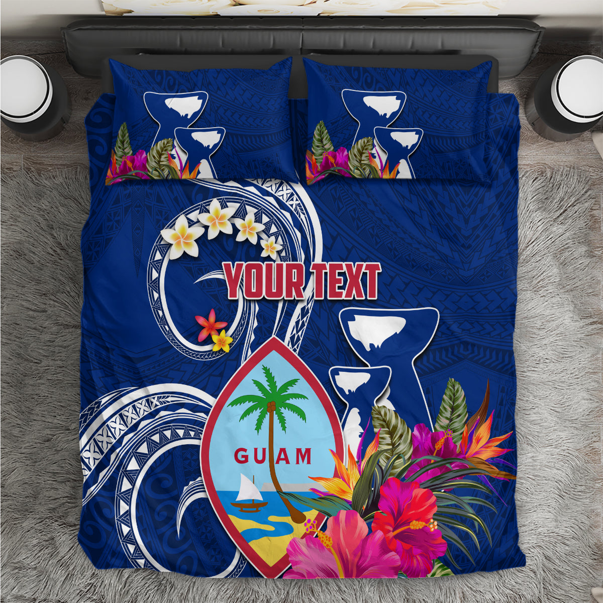 Personalised Guam Liberation Bedding Set Latte Stone and Guahan Seal Jungle Flower LT03 Blue - Polynesian Pride