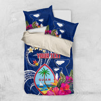Personalised Guam Liberation Bedding Set Latte Stone and Guahan Seal Jungle Flower LT03 US Twin 172cm x 218cm Blue - Polynesian Pride