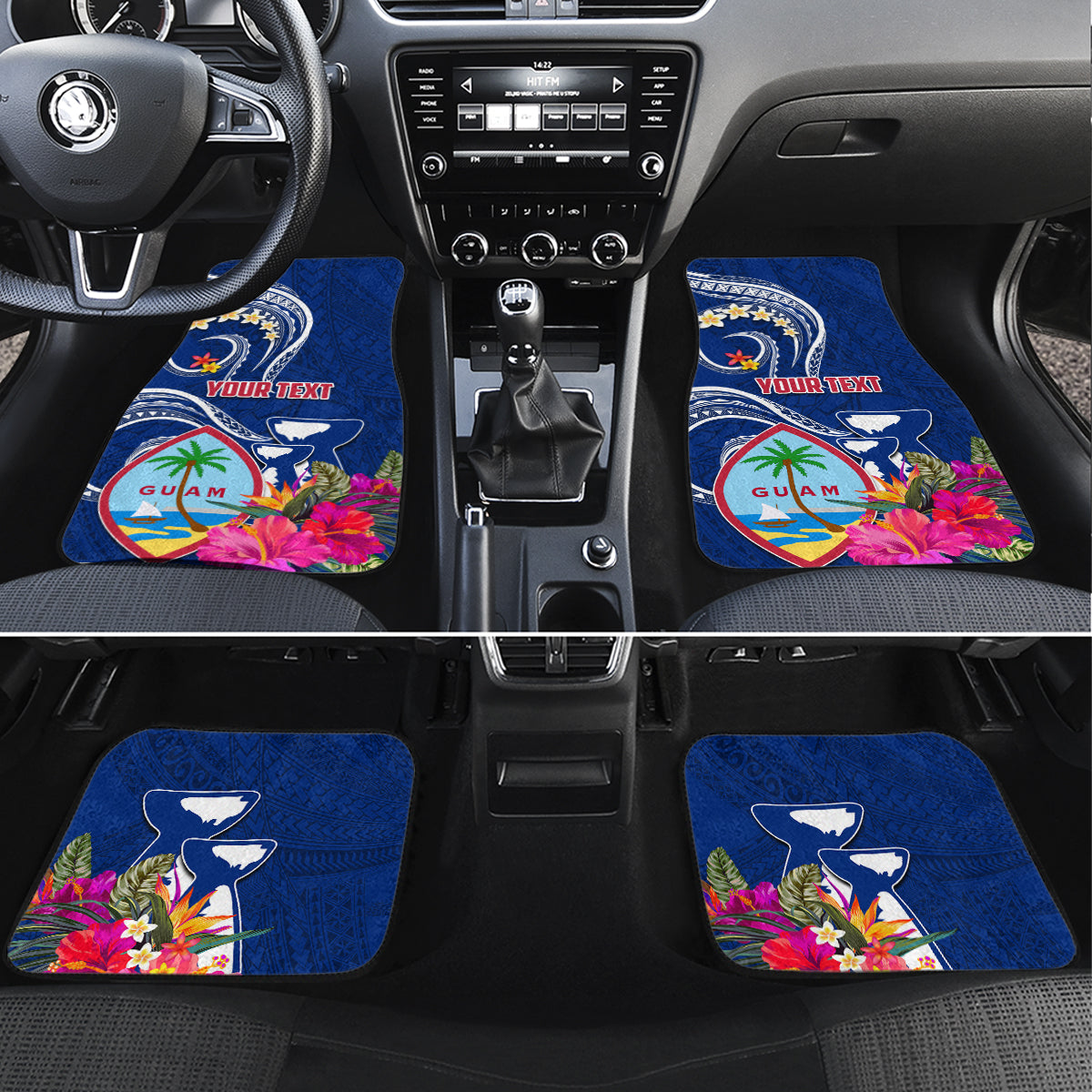 Personalised Guam Liberation Car Mats Latte Stone and Guahan Seal Jungle Flower LT03 Set 4pcs Blue - Polynesian Pride