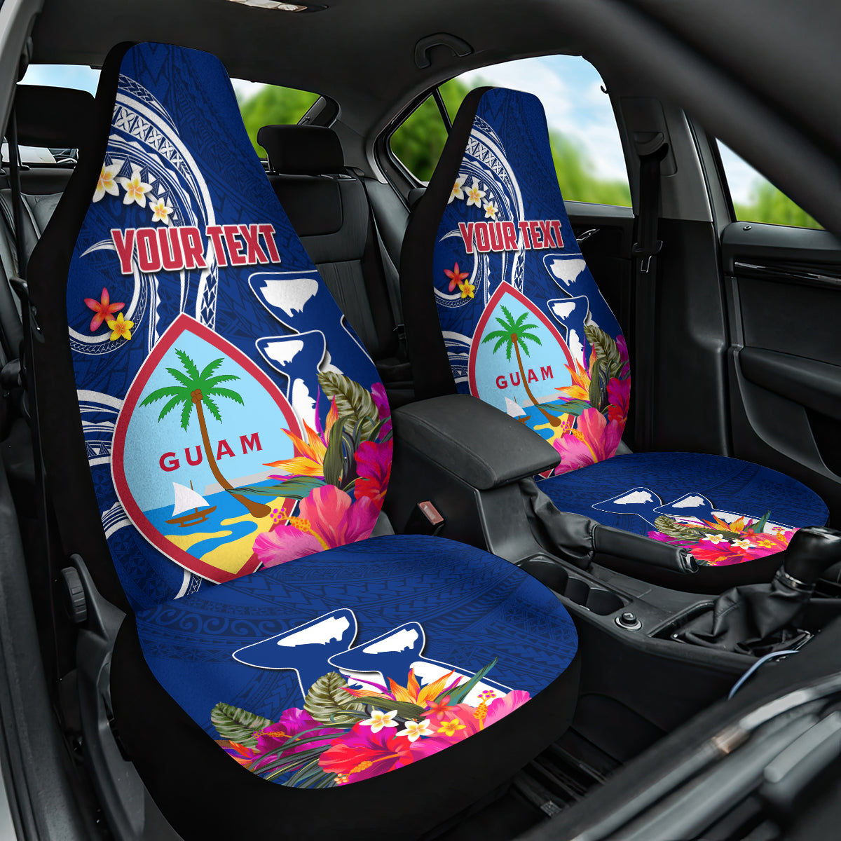 Personalised Guam Liberation Car Seat Cover Latte Stone and Guahan Seal Jungle Flower LT03 One Size Blue - Polynesian Pride