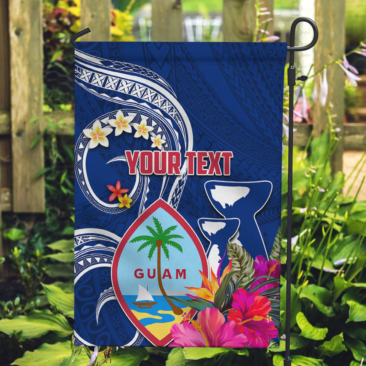 Personalised Guam Liberation Garden Flag Latte Stone and Guahan Seal Jungle Flower LT03 Garden Flag Blue - Polynesian Pride