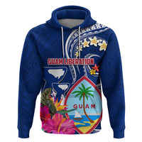 Personalised Guam Liberation Hoodie Latte Stone and Guahan Seal Jungle Flower LT03 Pullover Hoodie Blue - Polynesian Pride