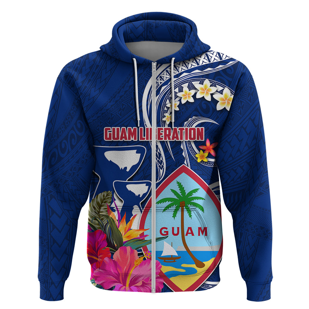 Personalised Guam Liberation Hoodie Latte Stone and Guahan Seal Jungle Flower LT03 Zip Hoodie Blue - Polynesian Pride