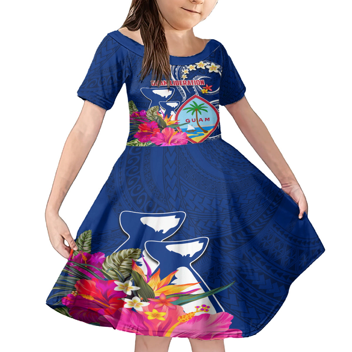 Personalised Guam Liberation Kid Short Sleeve Dress Latte Stone and Guahan Seal Jungle Flower LT03 KID Blue - Polynesian Pride