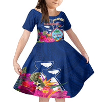Personalised Guam Liberation Kid Short Sleeve Dress Latte Stone and Guahan Seal Jungle Flower LT03 KID Blue - Polynesian Pride