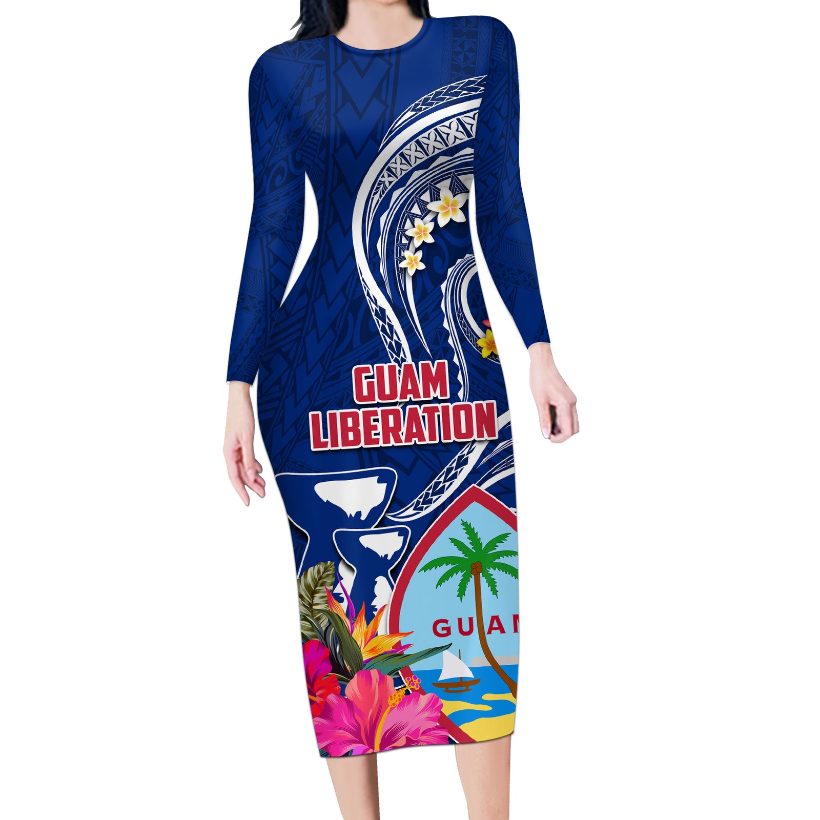 Personalised Guam Liberation Long Sleeve Bodycon Dress Latte Stone and Guahan Seal Jungle Flower LT03 Long Dress Blue - Polynesian Pride