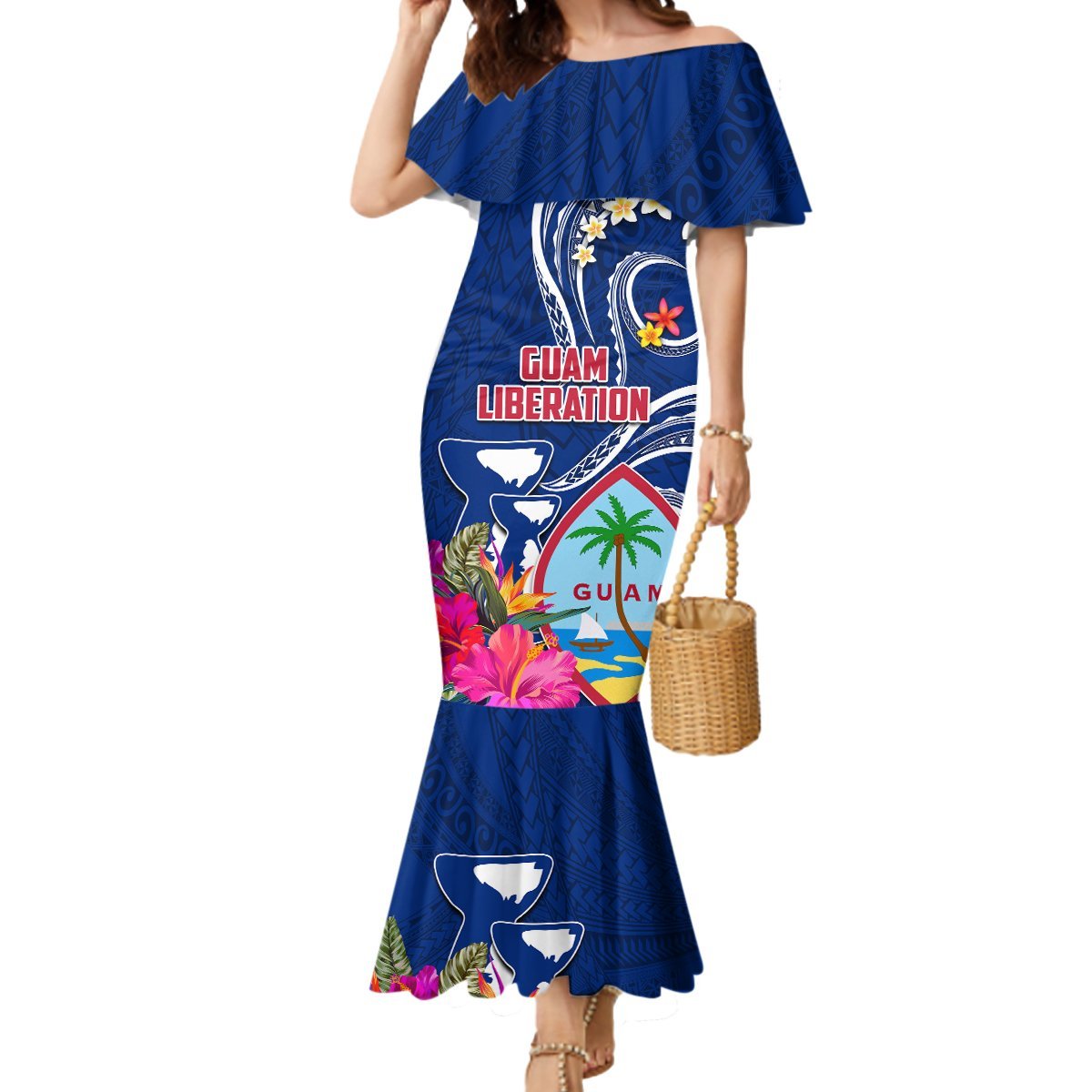 Personalised Guam Liberation Mermaid Dress Latte Stone and Guahan Seal Jungle Flower LT03 Women Blue - Polynesian Pride
