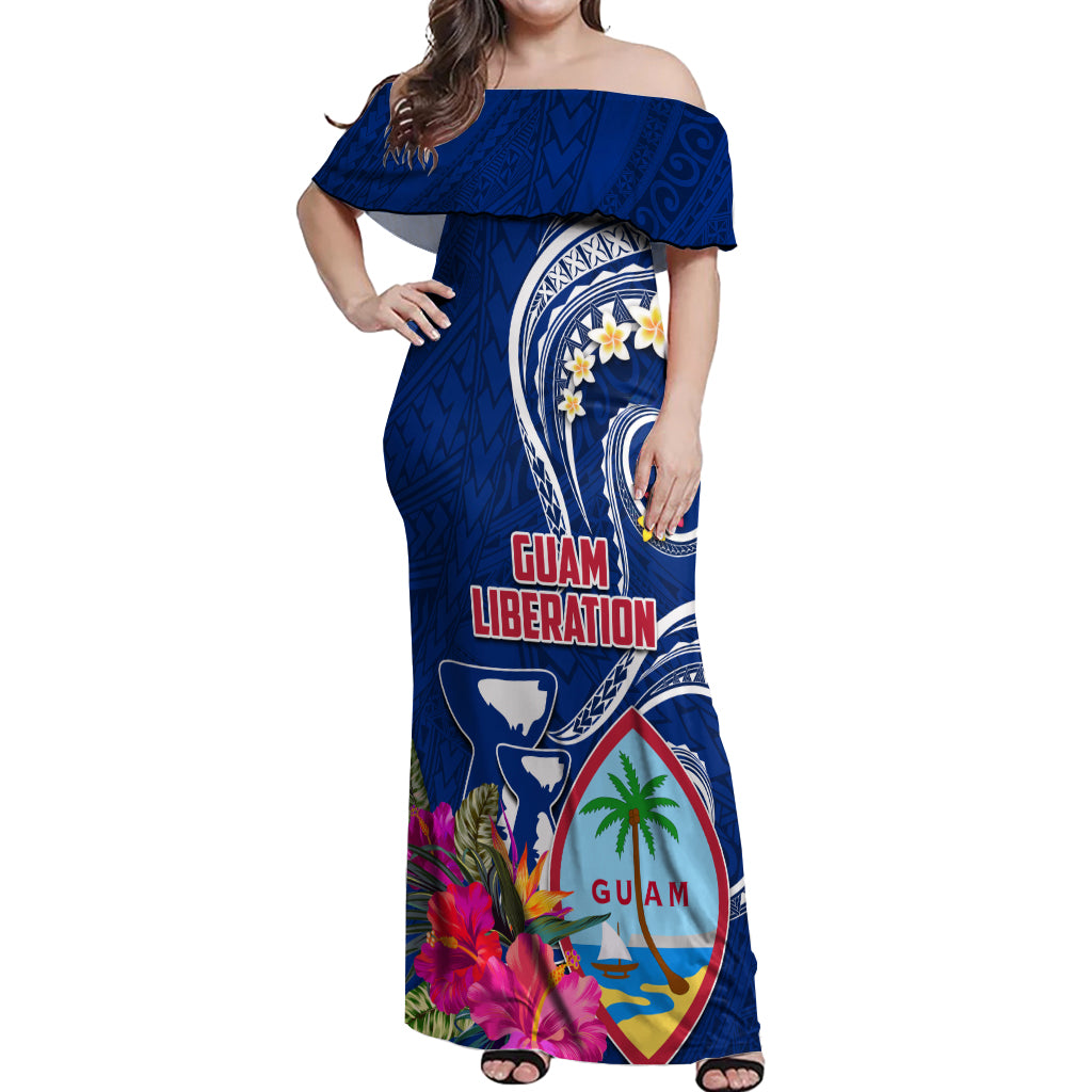 Personalised Guam Liberation Off Shoulder Maxi Dress Latte Stone and Guahan Seal Jungle Flower LT03 Women Blue - Polynesian Pride