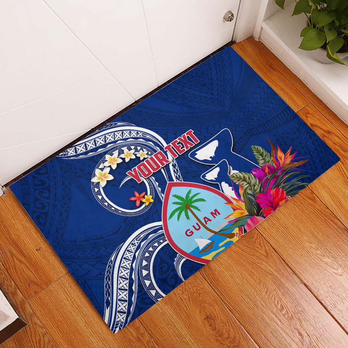 Personalised Guam Liberation Rubber Doormat Latte Stone and Guahan Seal Jungle Flower LT03 Blue - Polynesian Pride