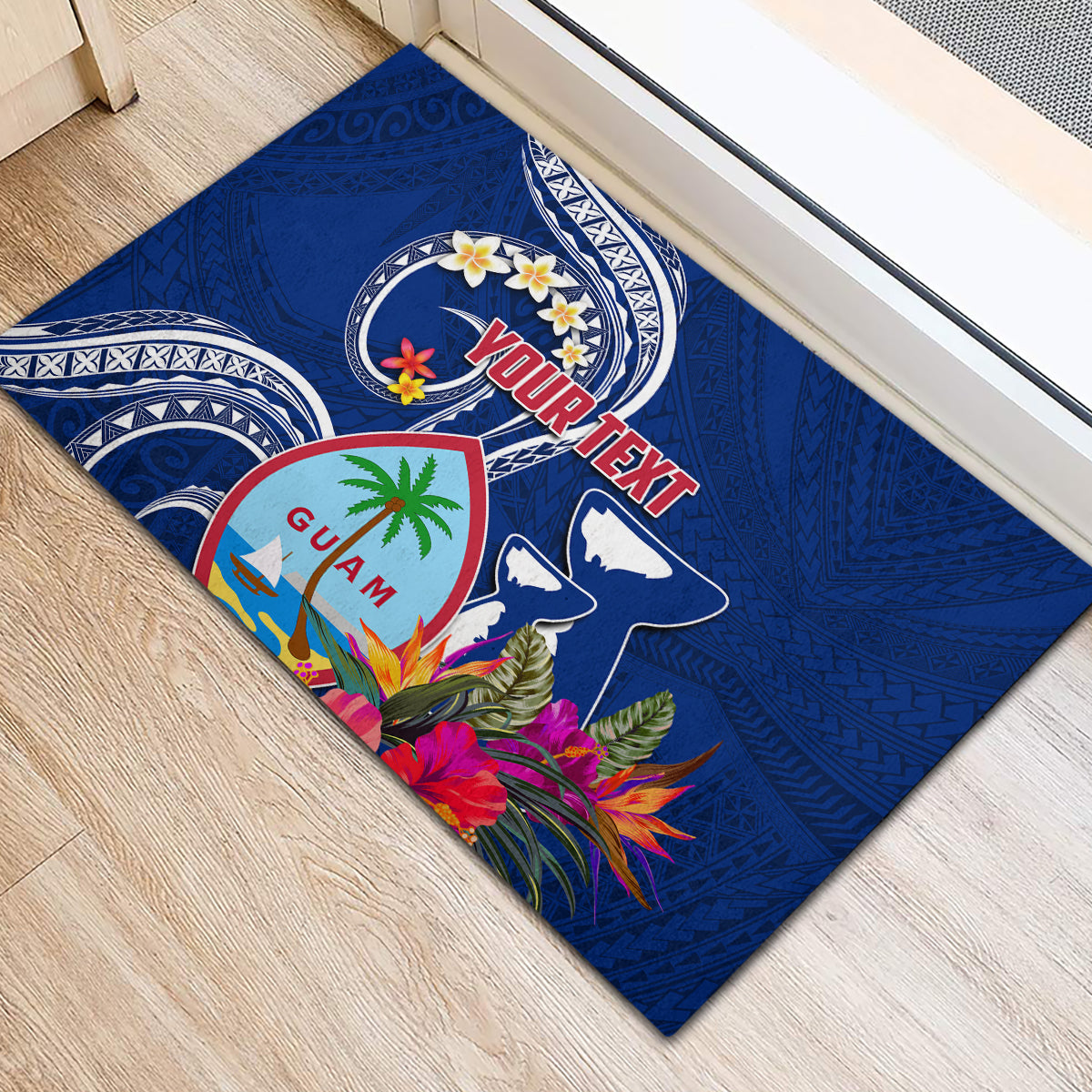 Personalised Guam Liberation Rubber Doormat Latte Stone and Guahan Seal Jungle Flower LT03 - Polynesian Pride