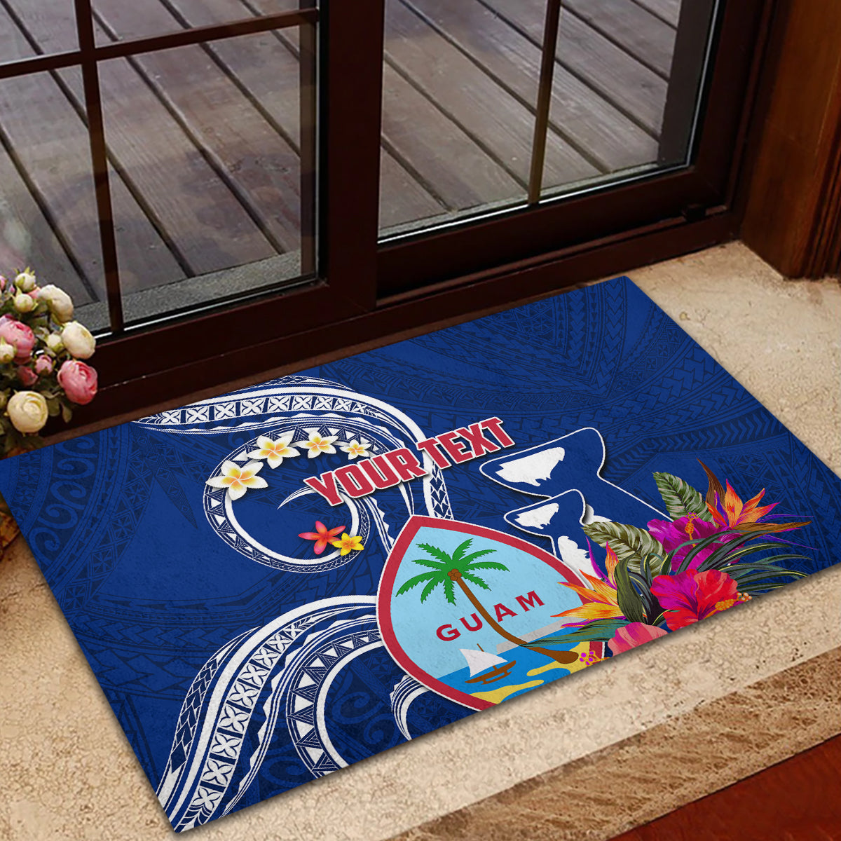 Personalised Guam Liberation Rubber Doormat Latte Stone and Guahan Seal Jungle Flower LT03 - Polynesian Pride