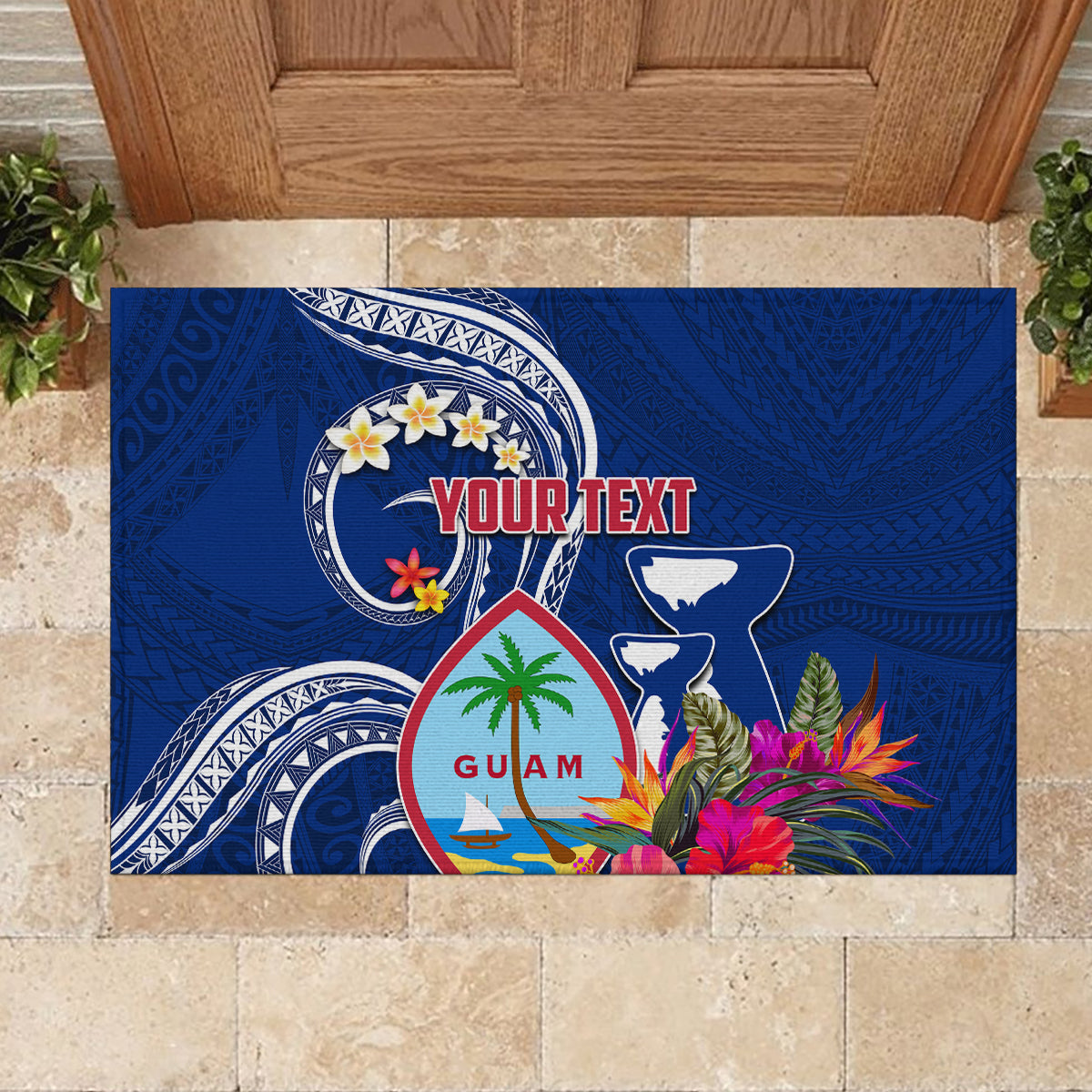Personalised Guam Liberation Rubber Doormat Latte Stone and Guahan Seal Jungle Flower LT03 - Polynesian Pride