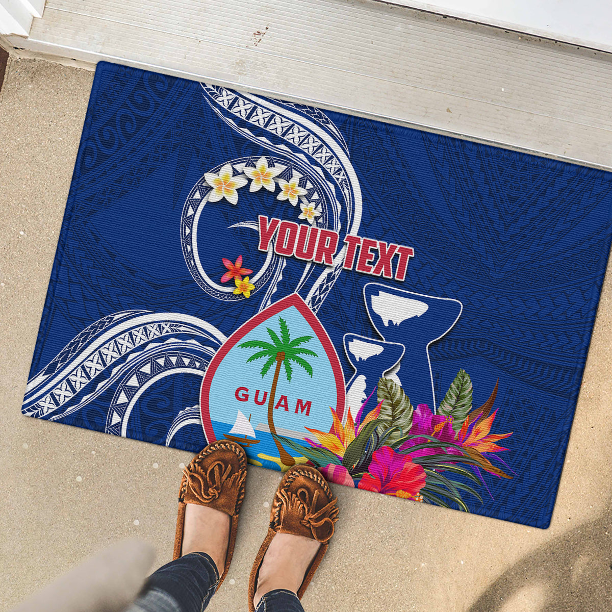 Personalised Guam Liberation Rubber Doormat Latte Stone and Guahan Seal Jungle Flower LT03 - Polynesian Pride