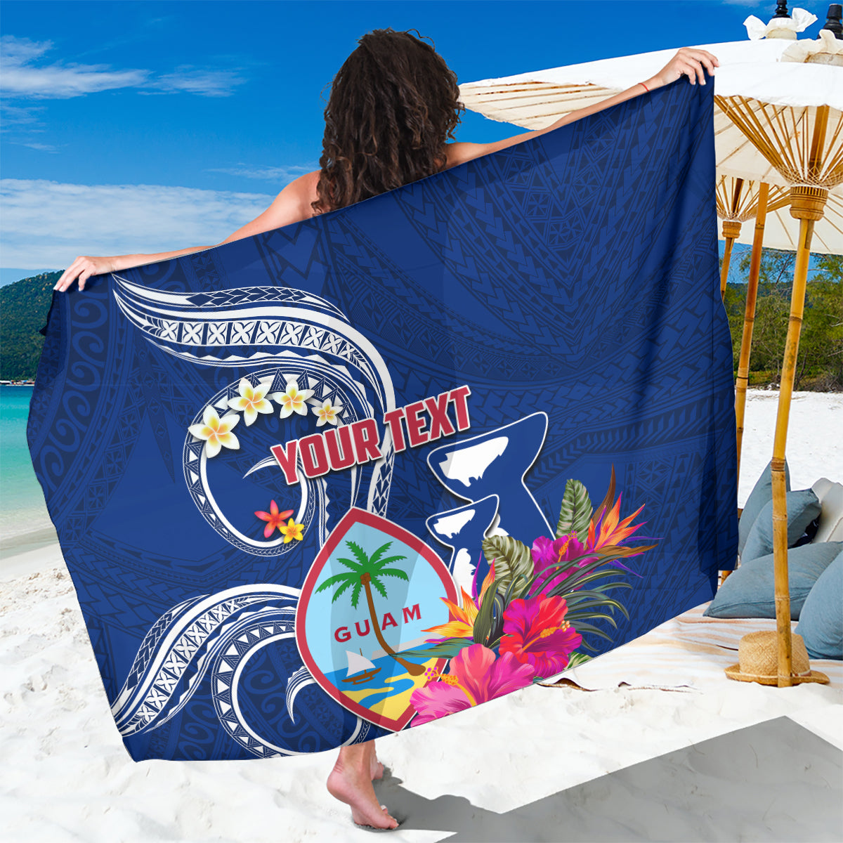 Personalised Guam Liberation Sarong Latte Stone and Guahan Seal Jungle Flower LT03 One Size 44 x 66 inches Blue - Polynesian Pride