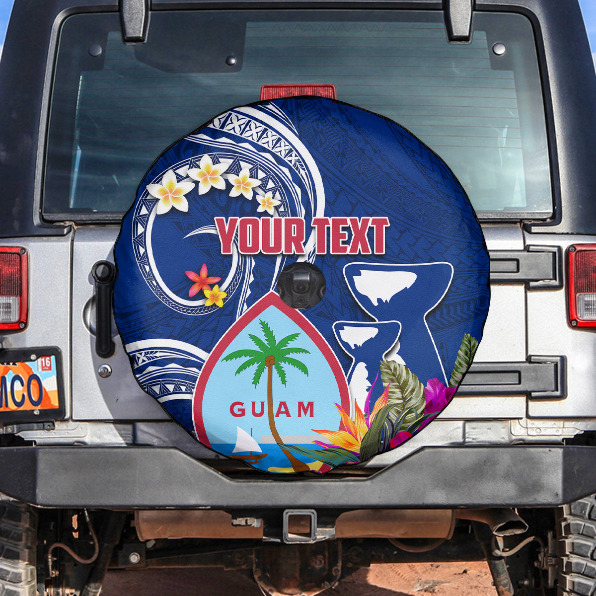 Personalised Guam Liberation Spare Tire Cover Latte Stone and Guahan Seal Jungle Flower LT03 Blue - Polynesian Pride
