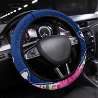 Guam Liberation Steering Wheel Cover Latte Stone and Guahan Seal Jungle Flower LT03 Universal Fit Blue - Polynesian Pride