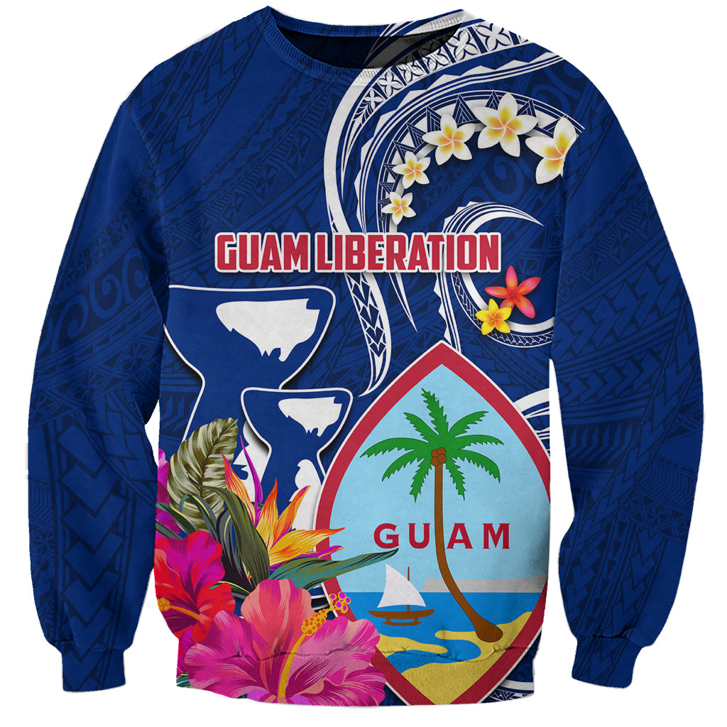 Personalised Guam Liberation Sweatshirt Latte Stone and Guahan Seal Jungle Flower LT03 Unisex Blue - Polynesian Pride
