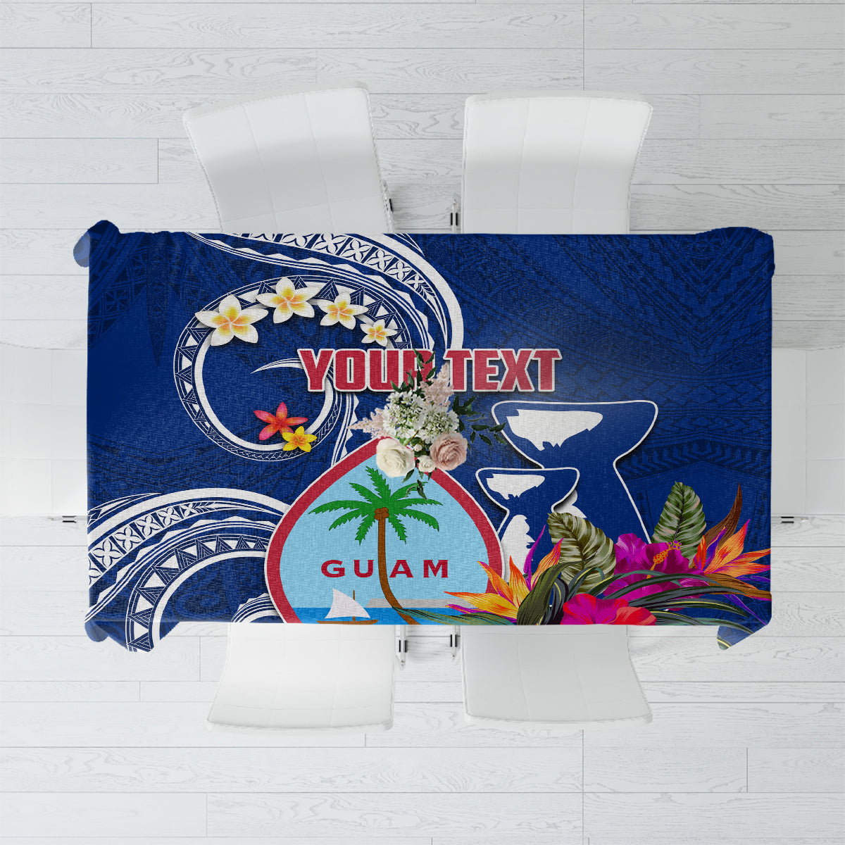 Personalised Guam Liberation Tablecloth Latte Stone and Guahan Seal Jungle Flower LT03 Blue - Polynesian Pride