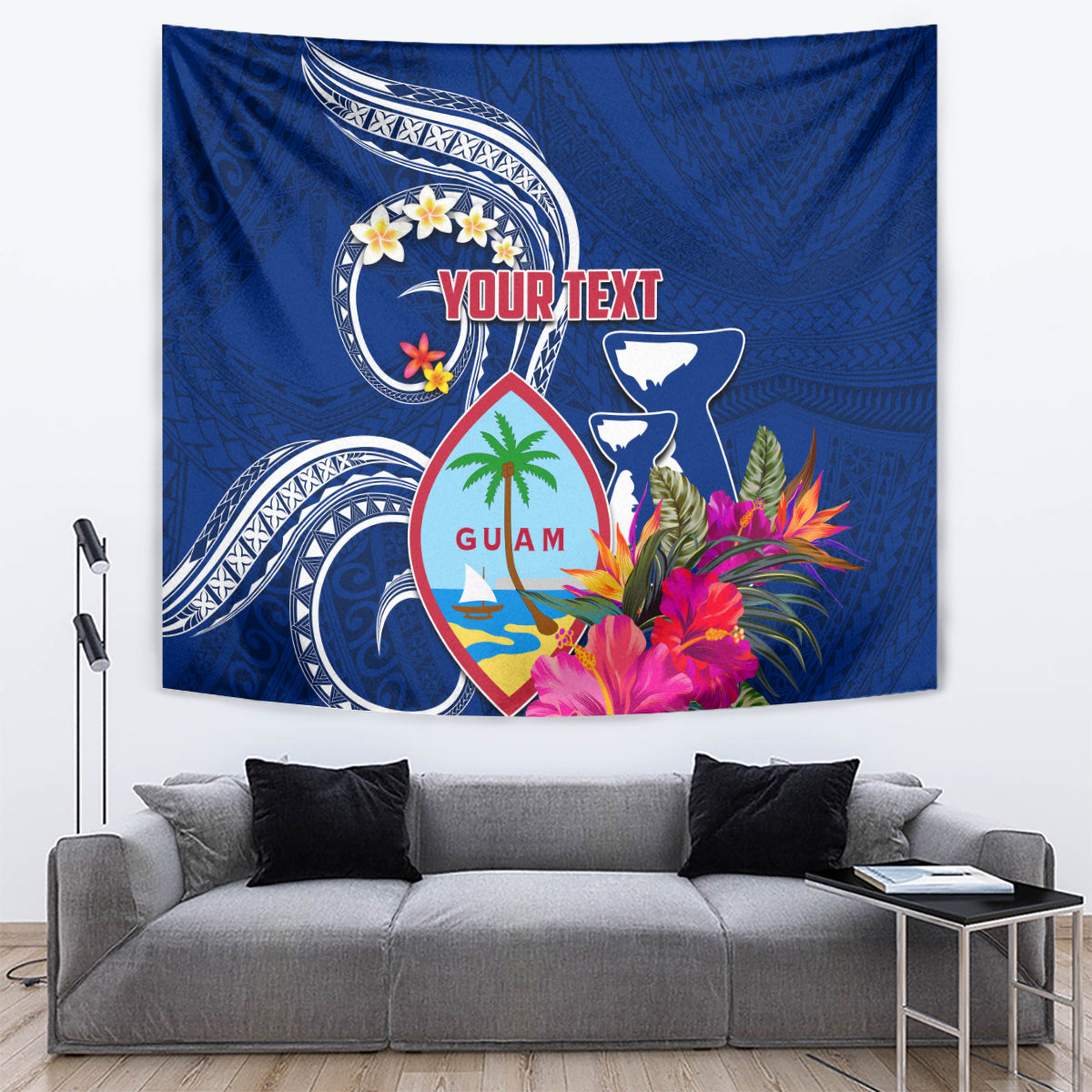 Personalised Guam Liberation Tapestry Latte Stone and Guahan Seal Jungle Flower LT03 Blue - Polynesian Pride