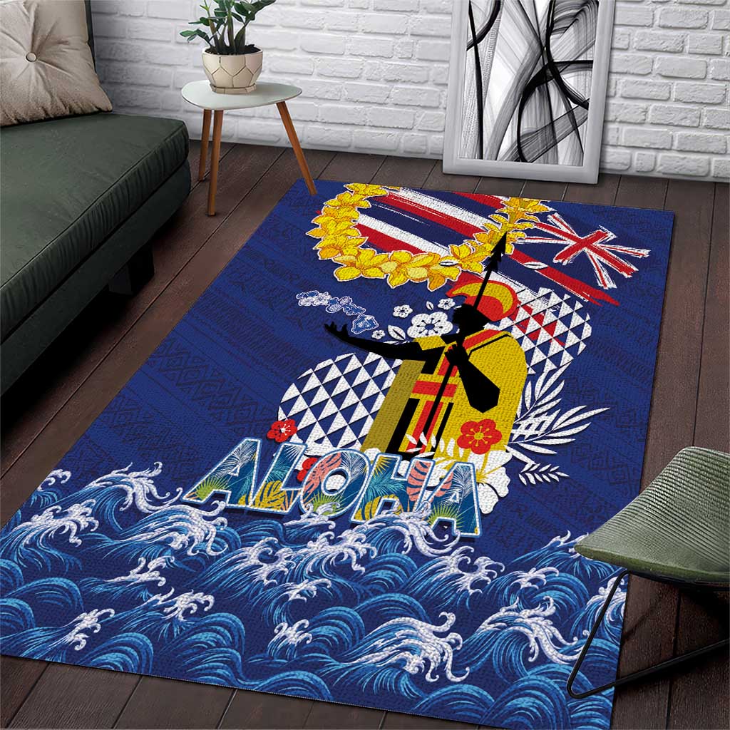 Hawaii King Kamehameha Day Area Rug Lei Sea Waves Polynesian Tapa Pattern LT03 Blue - Polynesian Pride