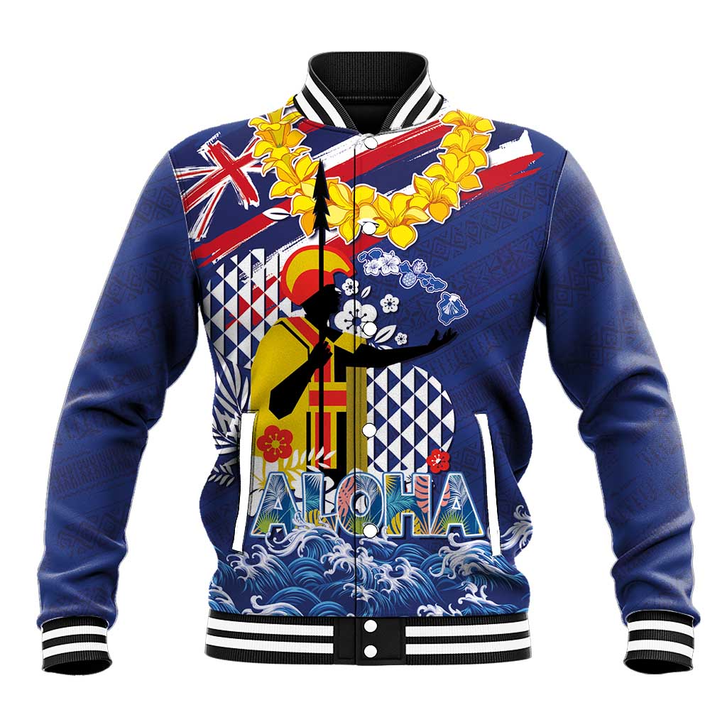 Hawaii King Kamehameha Day Baseball Jacket Lei Sea Waves Polynesian Tapa Pattern LT03 Unisex Blue - Polynesian Pride