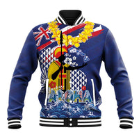 Hawaii King Kamehameha Day Baseball Jacket Lei Sea Waves Polynesian Tapa Pattern LT03 Unisex Blue - Polynesian Pride