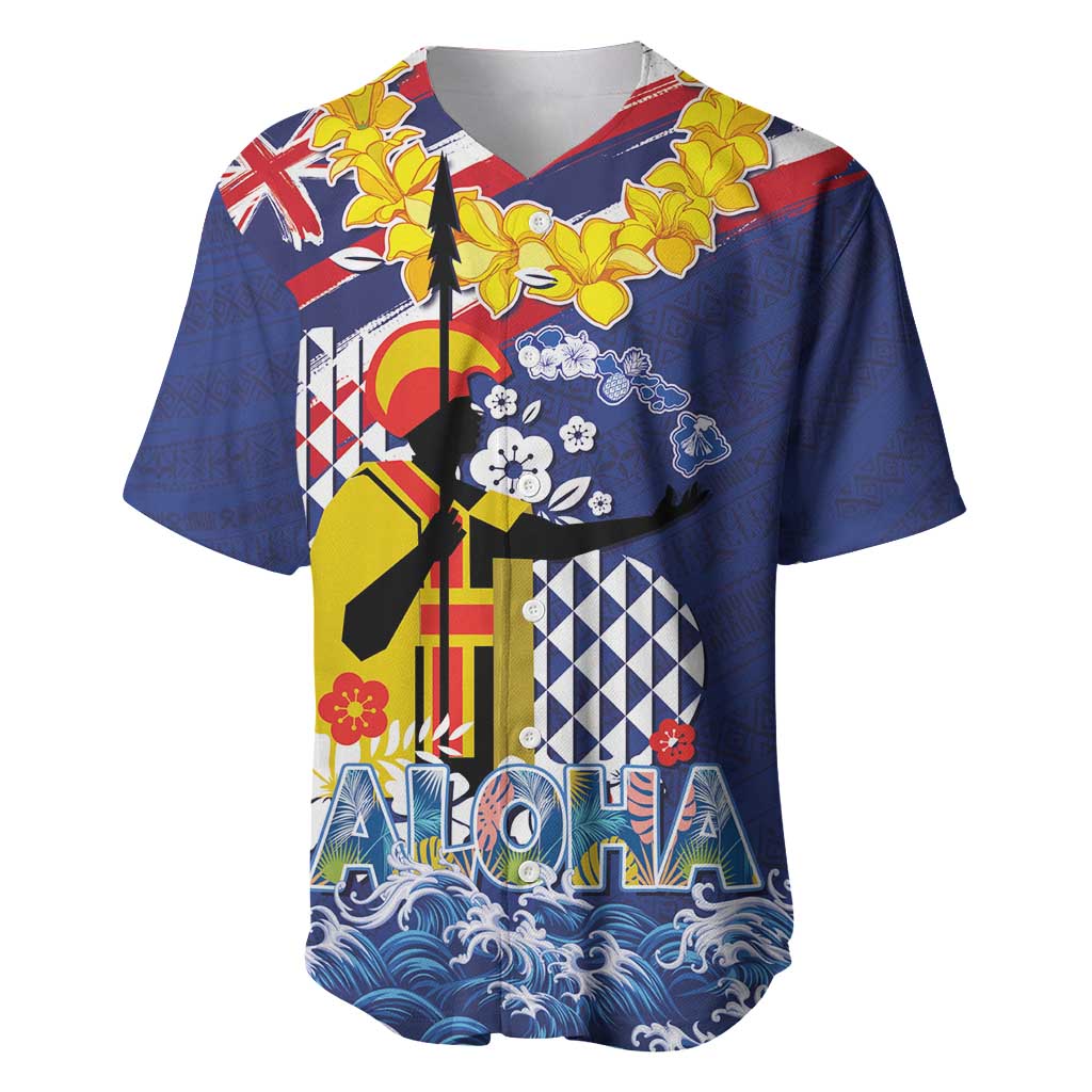 Hawaii King Kamehameha Day Baseball Jersey Lei Sea Waves Polynesian Tapa Pattern LT03 Blue - Polynesian Pride