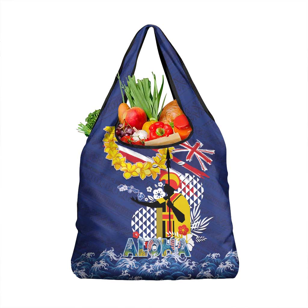 Hawaii King Kamehameha Day Grocery Bag Lei Sea Waves Polynesian Tapa Pattern LT03 1-pack One Size Blue - Polynesian Pride